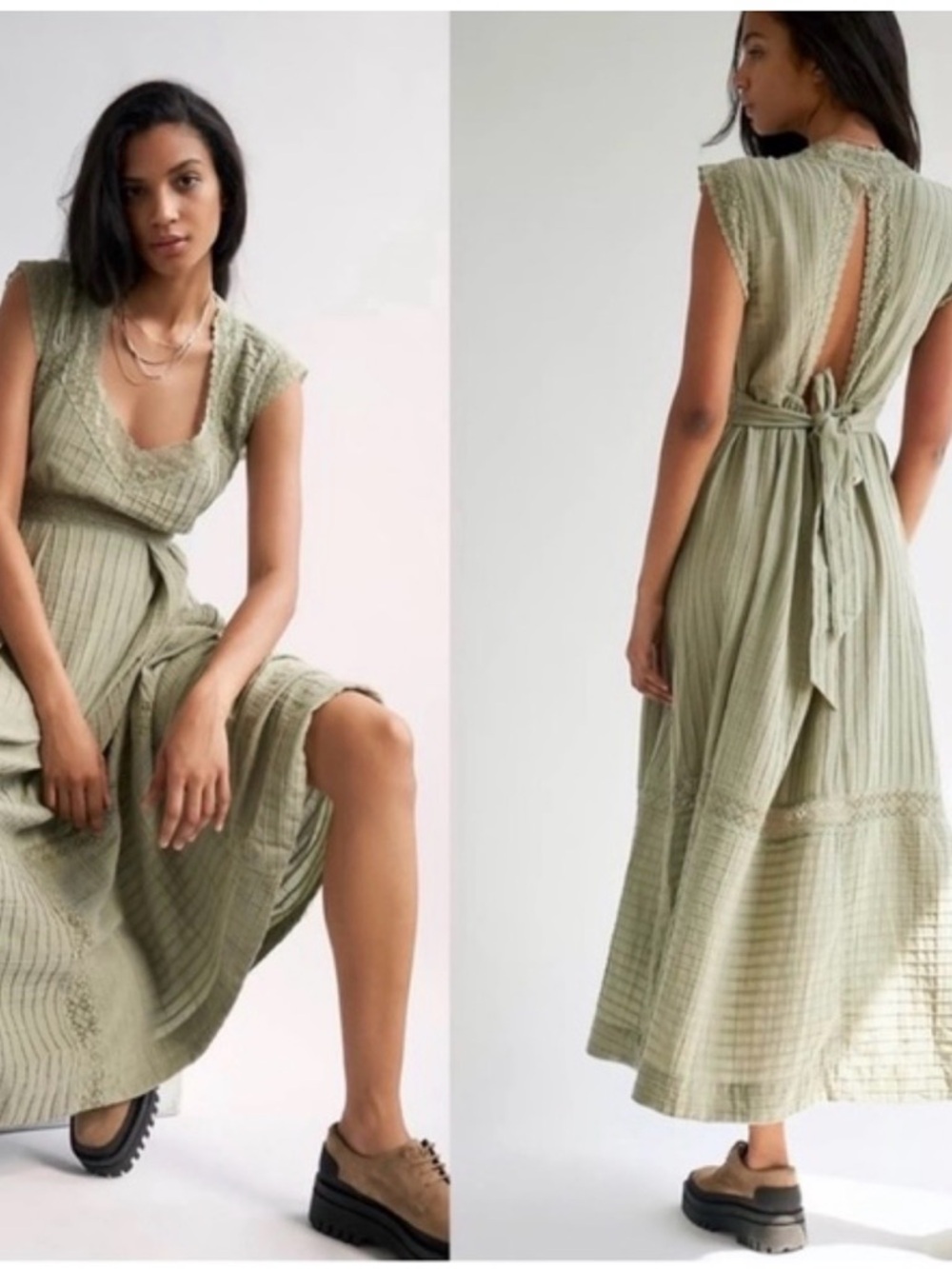 Free People Sweet Annie Sage Green Midi Dress with open back.